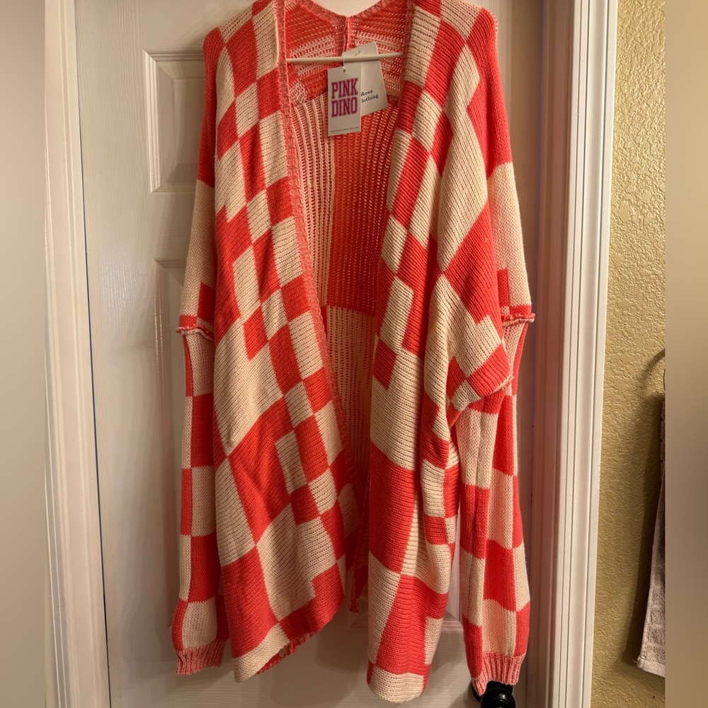 Bright Pink and Off White Checkered Women's Sweater